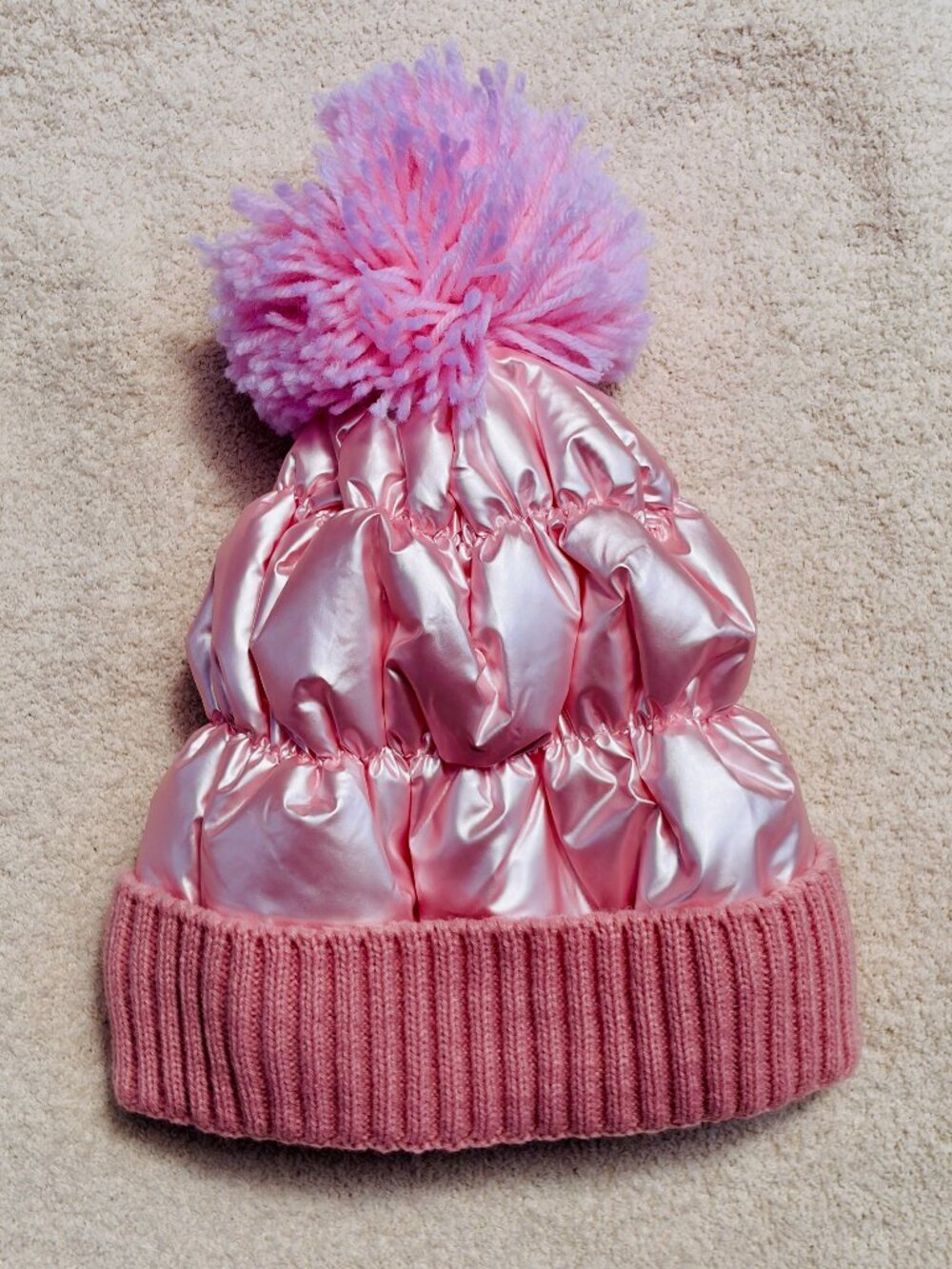 Soft Pink Metallic Puffer Beanie w/ Pom Pom Cyber Y2K Winter Luxury- New!